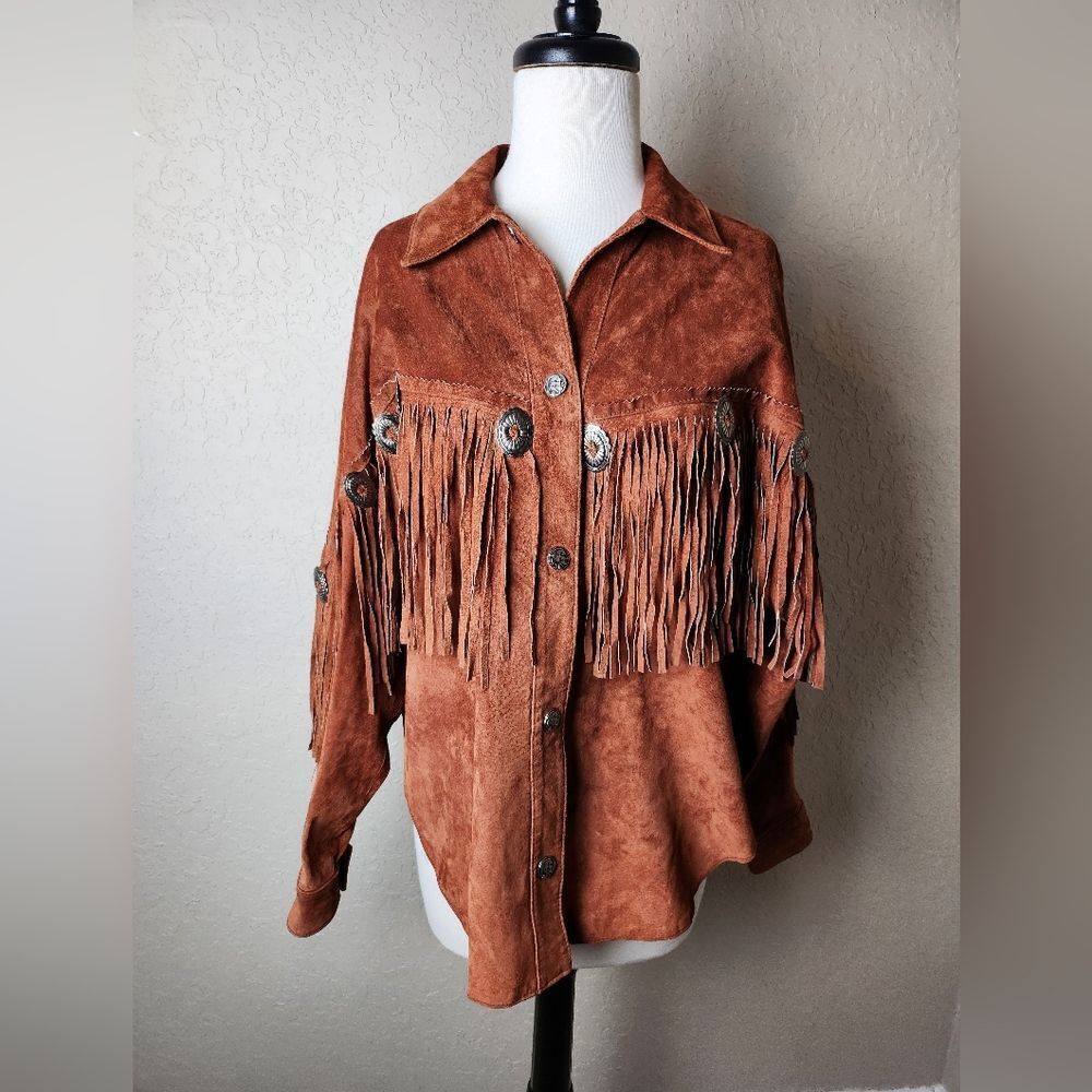 Lew Magram Vintage Western Fringe Long Sleeve Shirt Jacket Brown Orange Size S